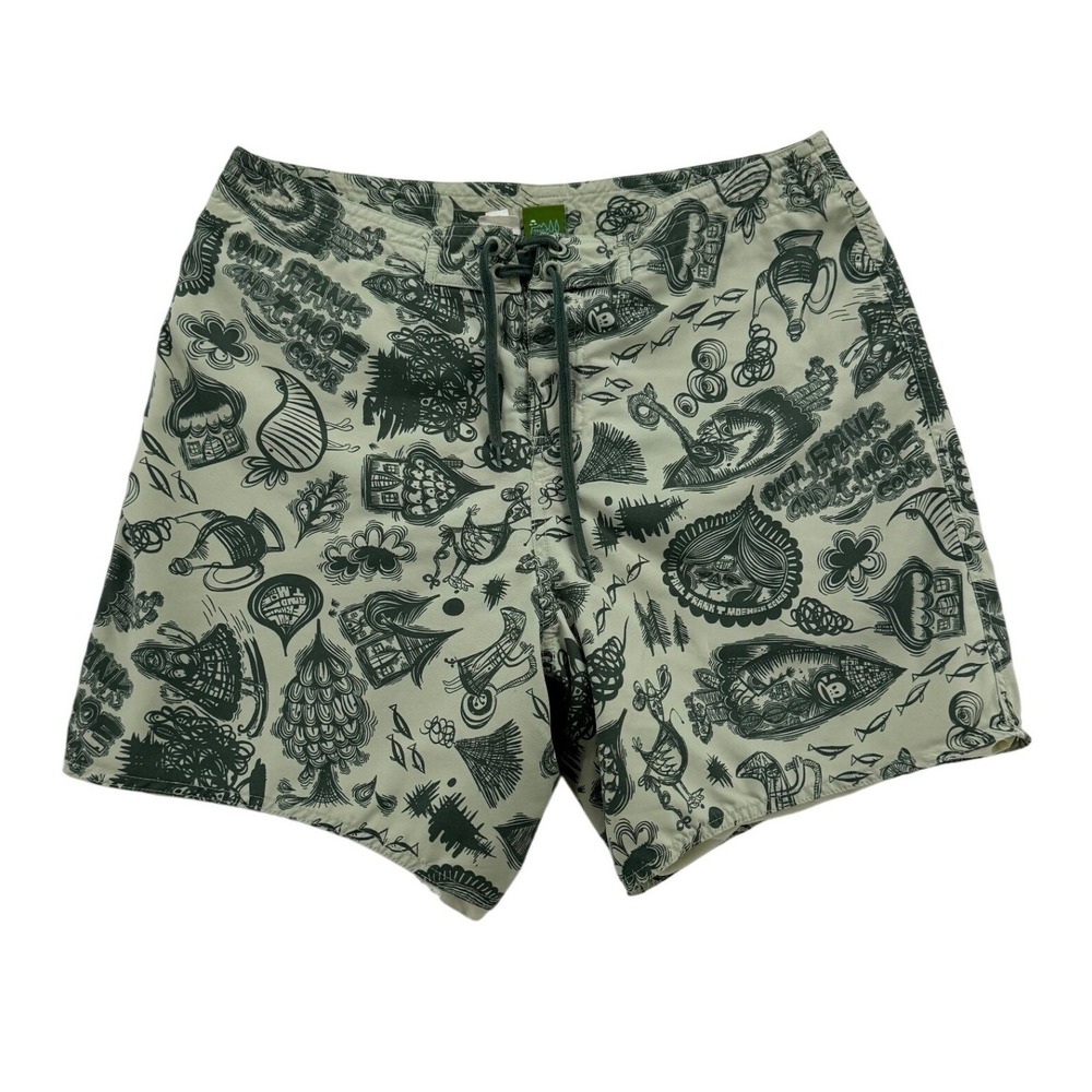 Mens Vintage Paul Frank Swim Shorts Green Y2K Graphic Board Shorts M
